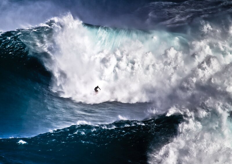 Surfer on Large Wave — Blue, Dramatic, Photograph