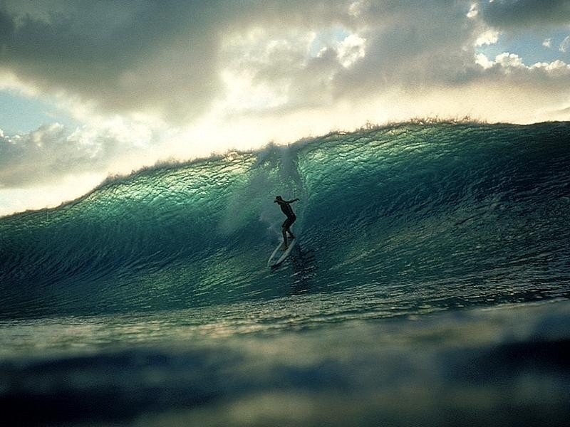 Surfer on Large Wave — Blue, Dramatic, Sunset