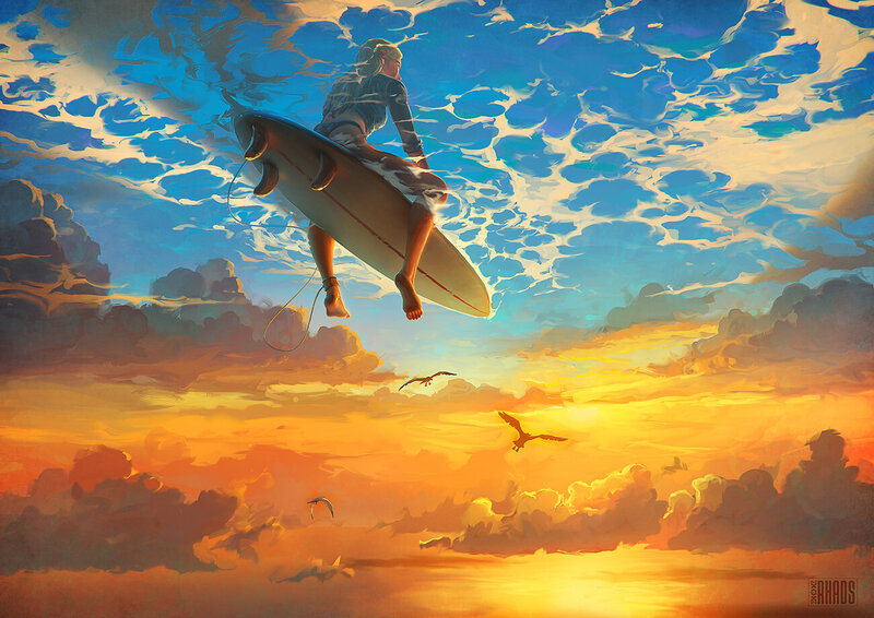 Surfer on Surfboard — Blue, Dramatic