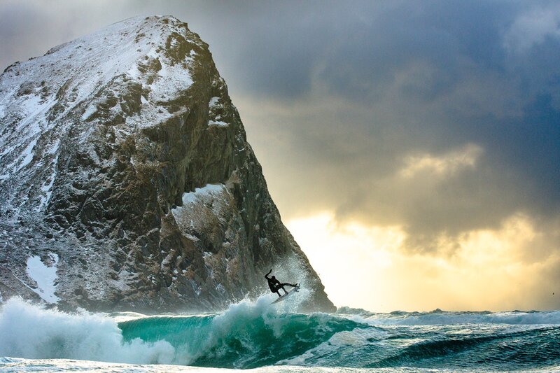 Surfer on Wave — Blue, Dramatic, Sunset, Photograph, Mountain