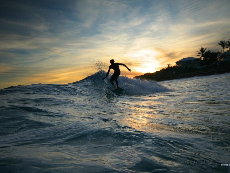 Surfer on Wave — Blue, Dramatic, Sunset, Photograph