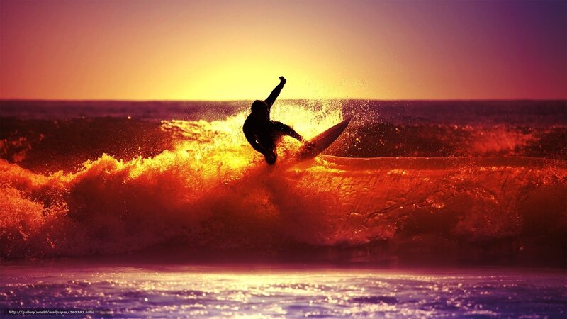 Surfer on Wave — Orange, Dramatic, Sunset, Photograph