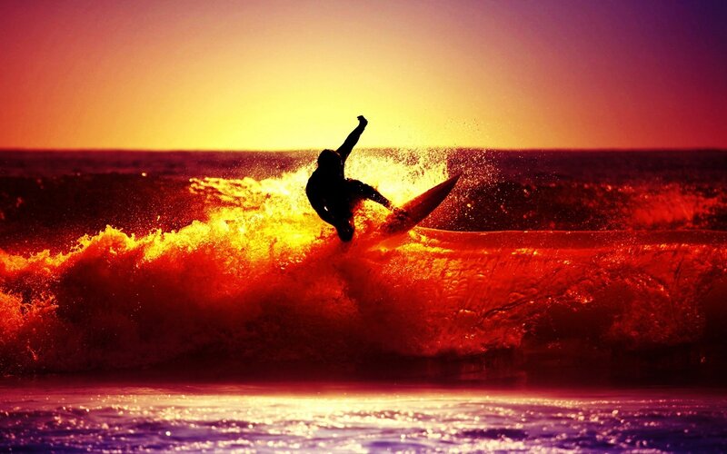Surfer on Wave — Red, Dramatic, Sunset, Photograph, Ocean, Sky