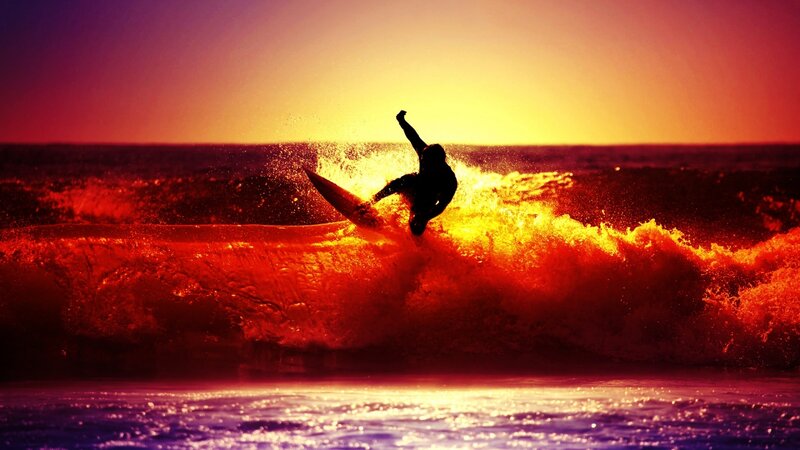 Surfer on Wave — Red, Dramatic, Sunset, Photograph, Ocean, Sun