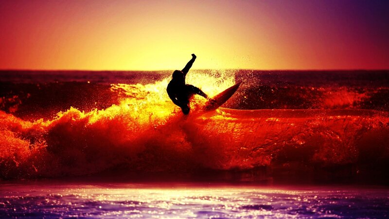 Surfer on Wave — Red, Dramatic, Sunset, Photograph, Ocean