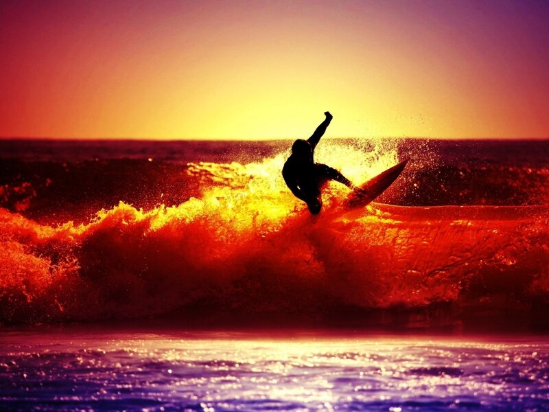 Surfer on Wave — Red, Dramatic, Sunset, Photograph