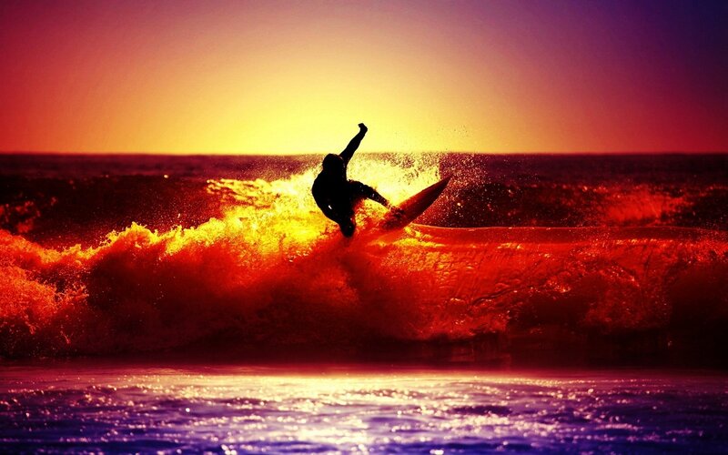 Surfer on Wave — Red, Dramatic, Sunset