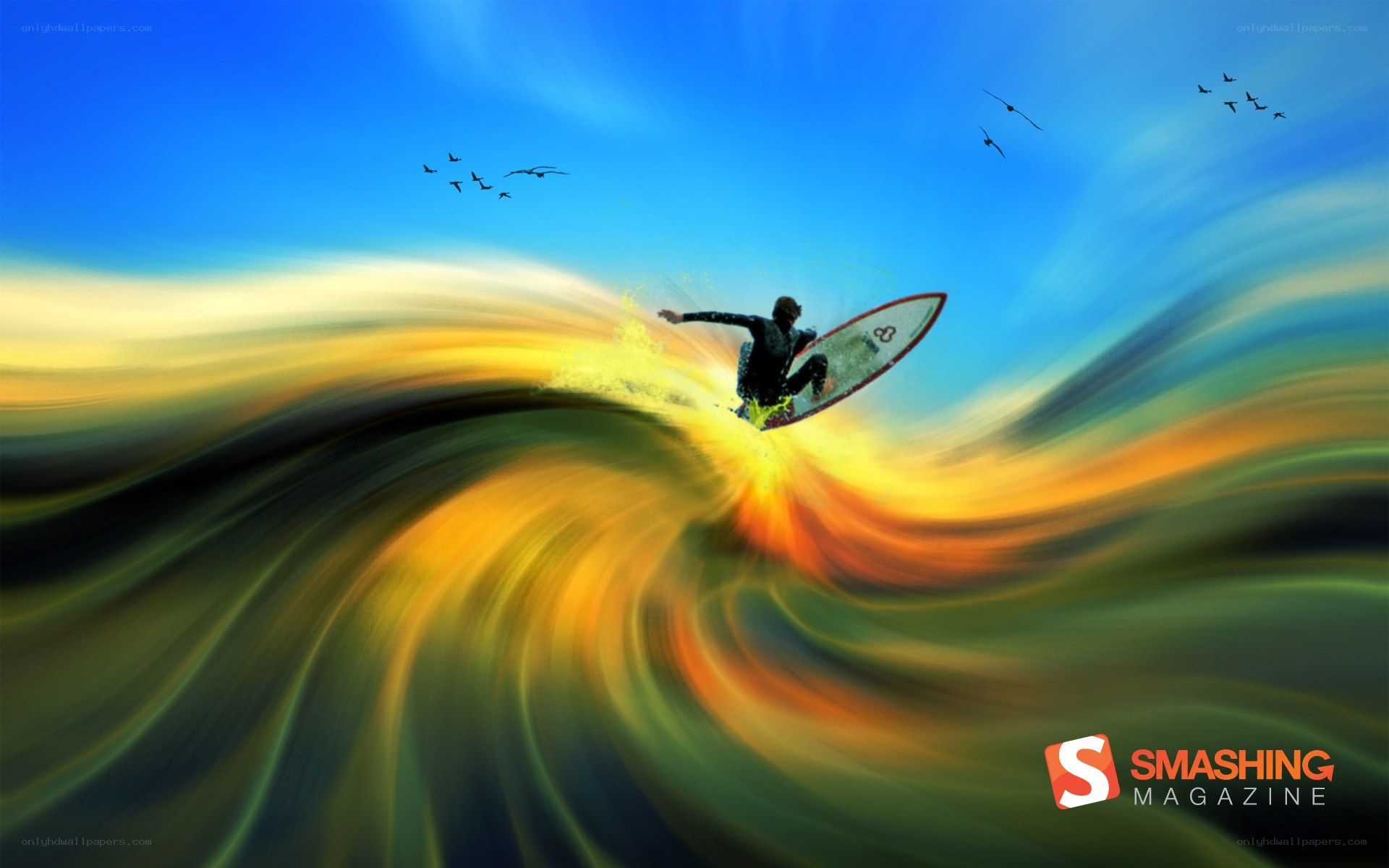 Surfer riding a vibrant wave