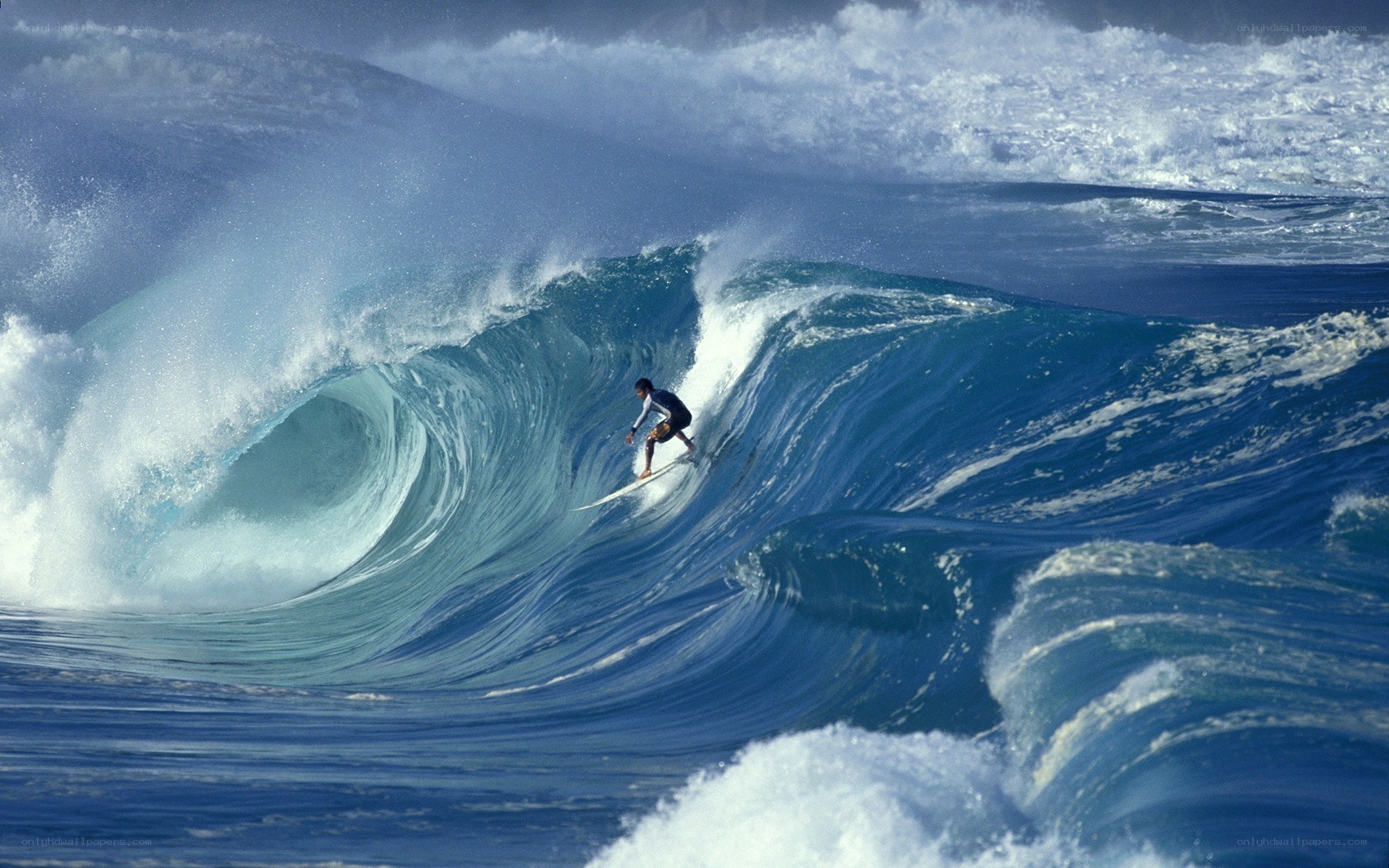 Surfer riding large ocean wave