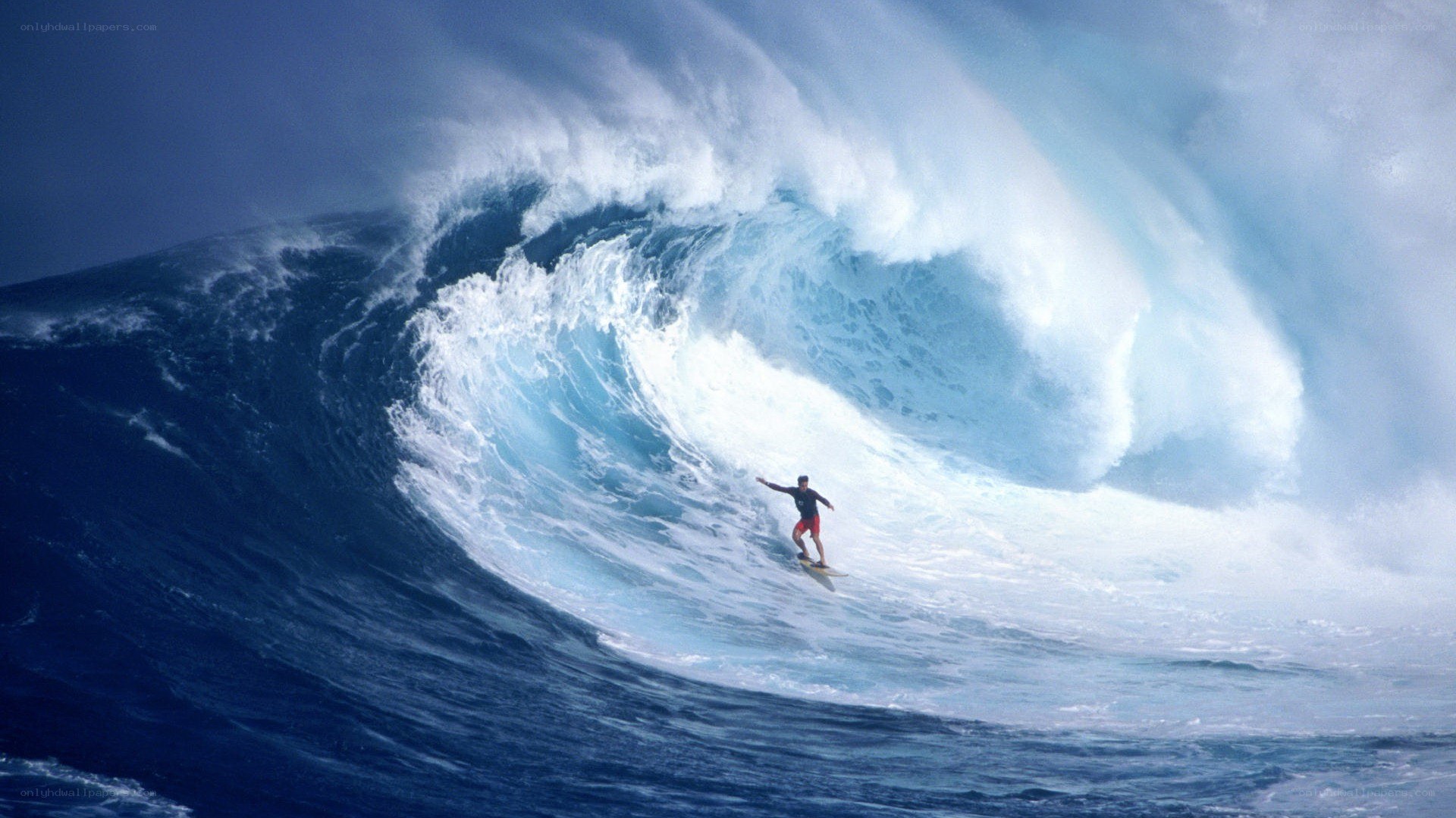 Surfer riding large ocean wave