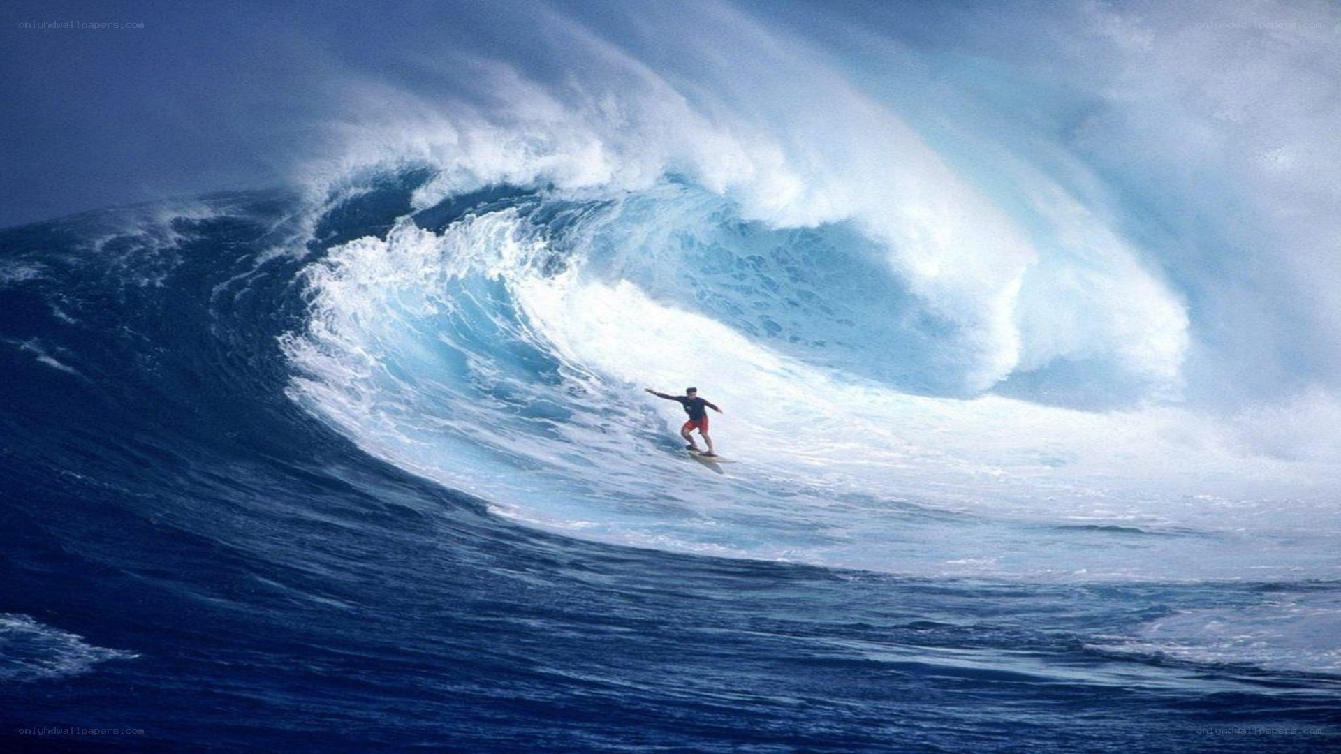 Surfer riding large ocean wave