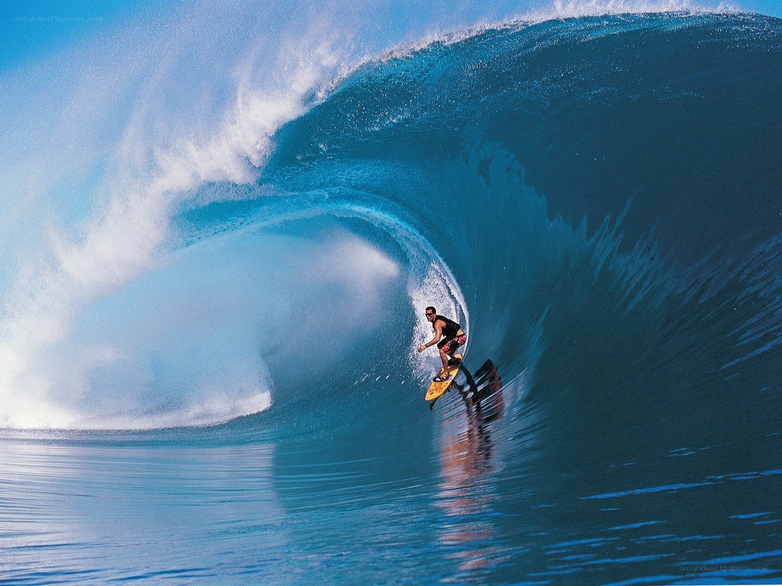 Surfer riding large wave