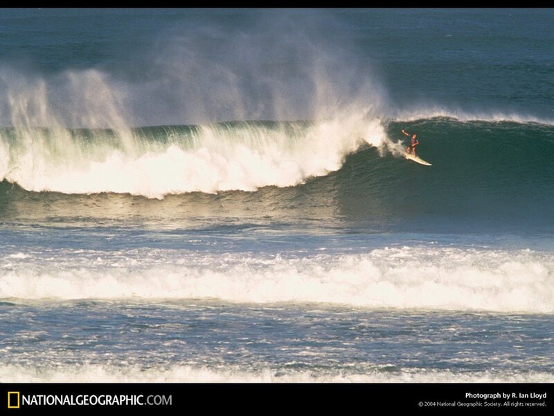 Surfer riding large wave