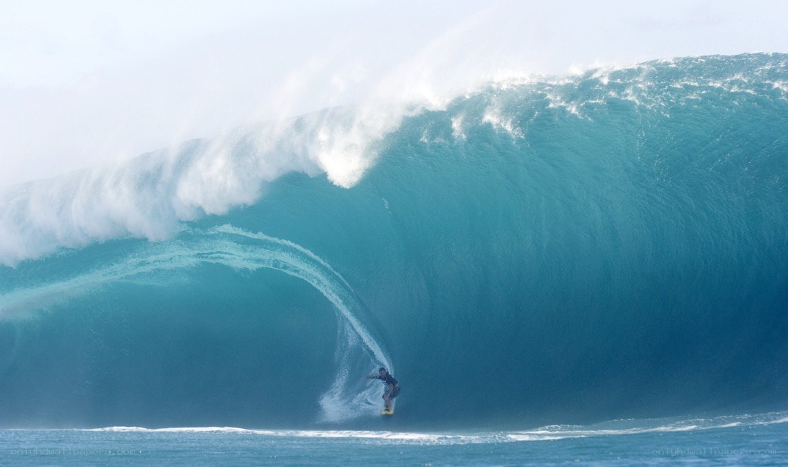 Surfer riding large wave