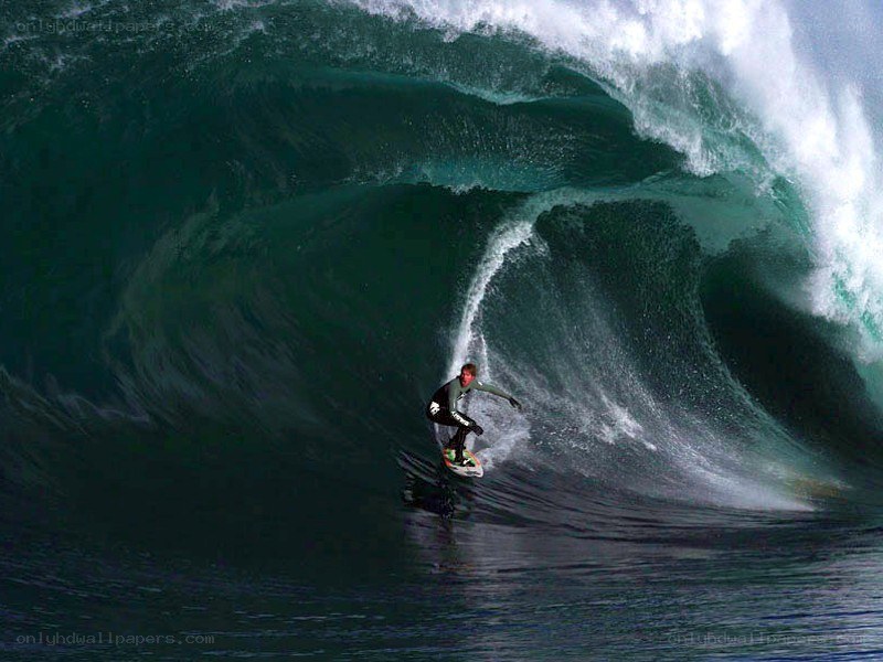 Surfer riding large wave