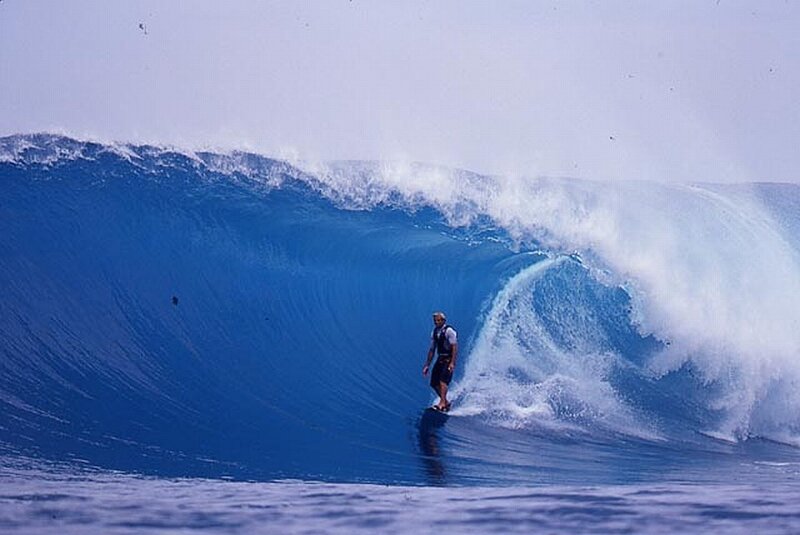 Surfer Riding Large Wave — Blue, Dramatic, Afternoon, Photograph, Ocean, Sky