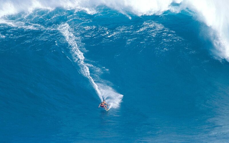 Surfer Riding Large Wave — Blue, Dramatic, Afternoon, Photograph, Surfboard, Ocean