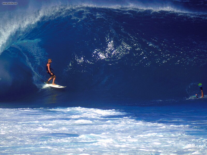 Surfer Riding Large Wave — Blue, Dramatic, Afternoon, Photograph, Surfboard