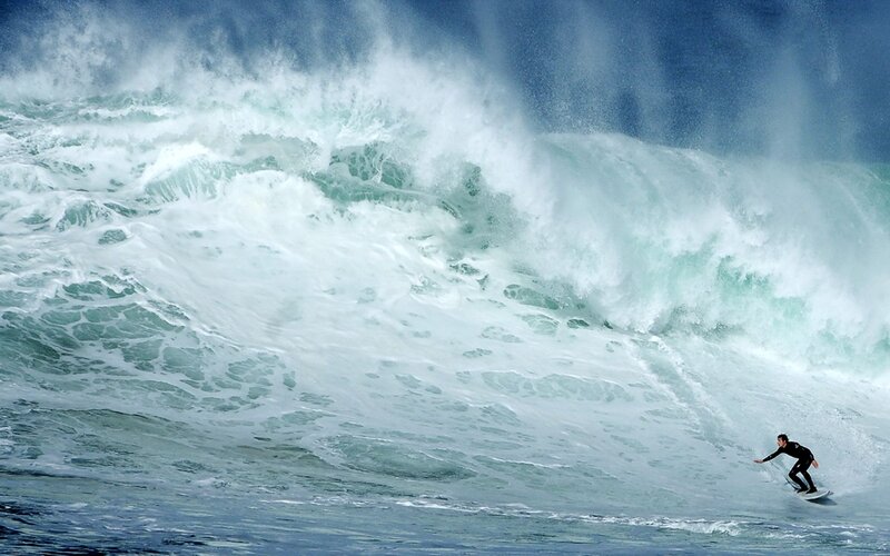 Surfer Riding Large Wave — Blue, Dramatic, Photograph