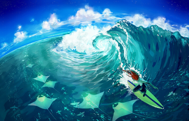 Surfer Riding Wave — Blue, Dramatic, Afternoon, Digital Art