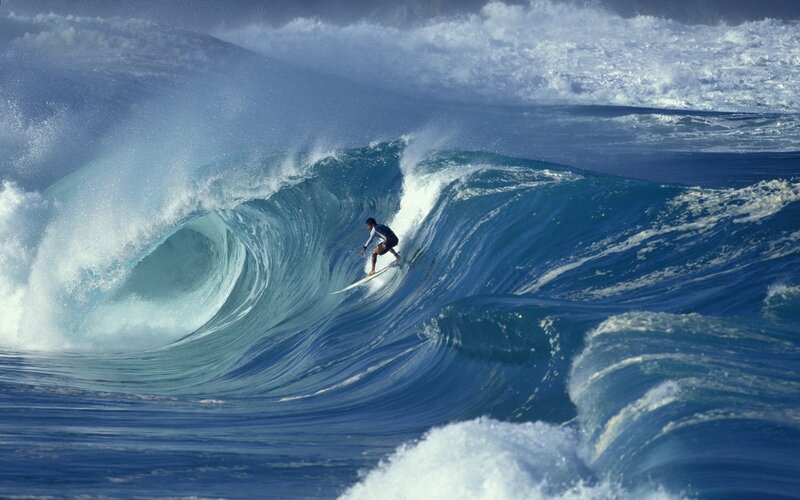 Surfer Riding Wave — Blue, Dramatic, Afternoon, Photograph, Ocean