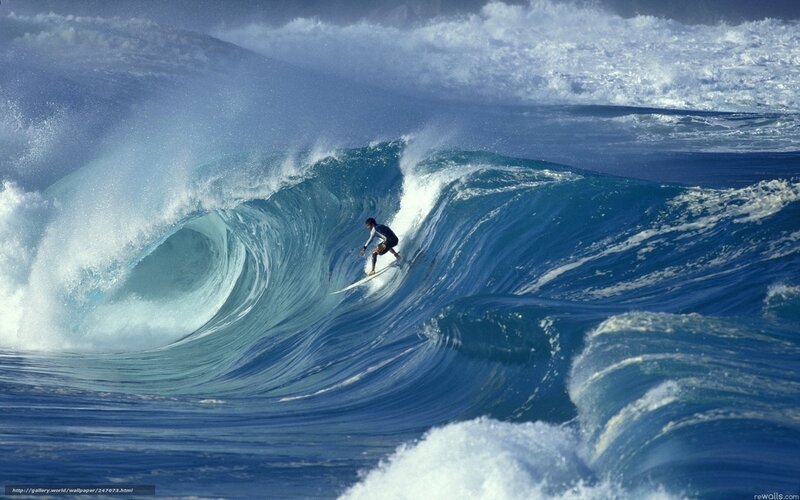 Surfer Riding Wave — Blue, Dramatic, Afternoon, Photograph, Surfboard, Ocean