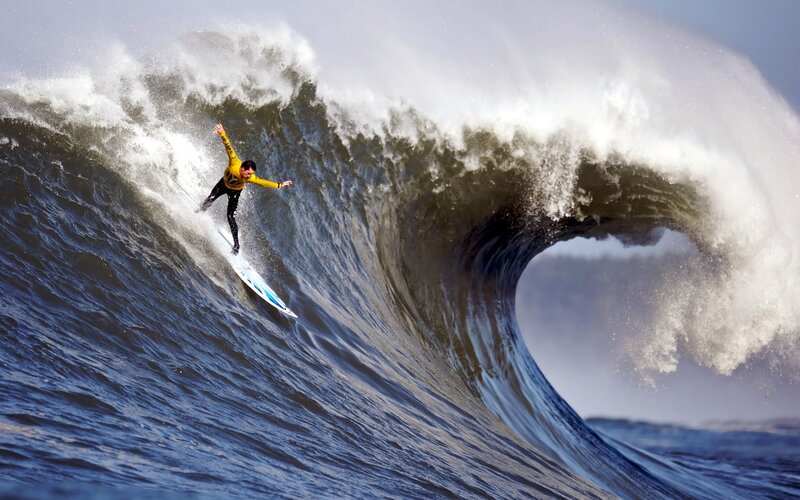 Surfer Riding Wave — Blue, Dramatic, Afternoon, Photograph