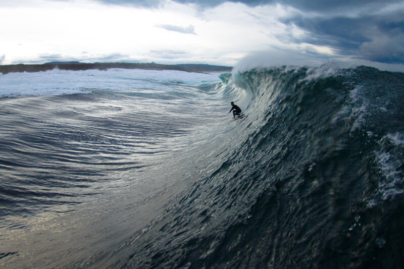 Surfer Riding Wave — Blue, Dramatic, Photograph