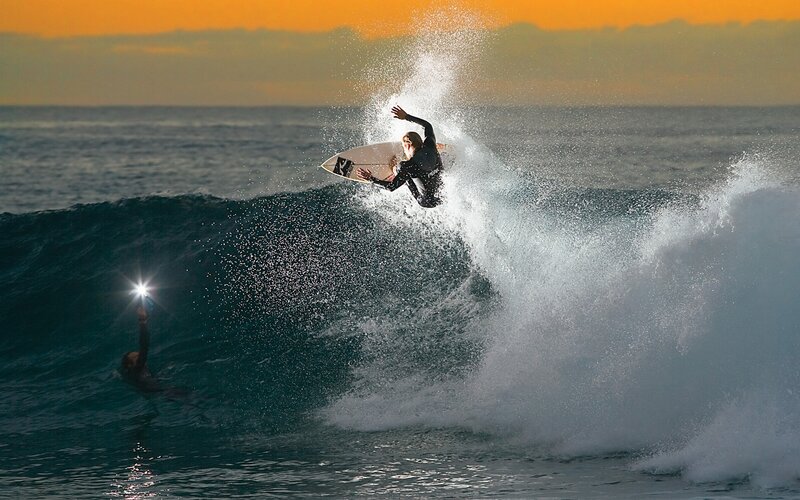 Surfer Riding Wave — Blue, Dramatic, Sunset, Photograph