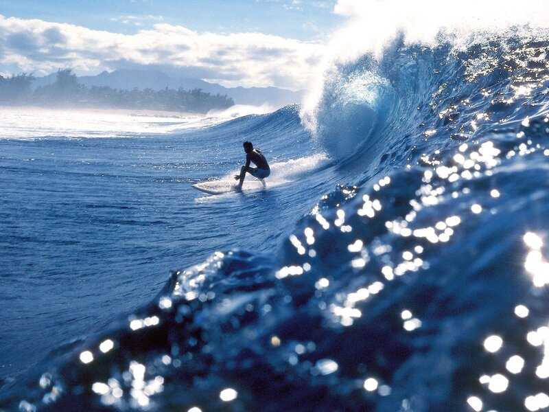 Surfer Riding Wave — Blue, Dynamic, Afternoon, Photograph, Ocean, Mountains, Sky