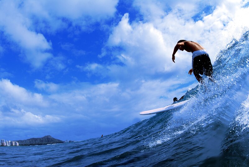 Surfer Riding Wave — Blue, Dynamic, Afternoon, Photograph, Ocean, Sky, Clouds