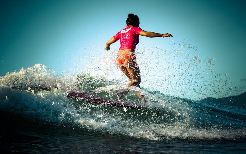 Surfer Riding Wave — Blue, Dynamic, Afternoon, Photograph, Ocean, Sky