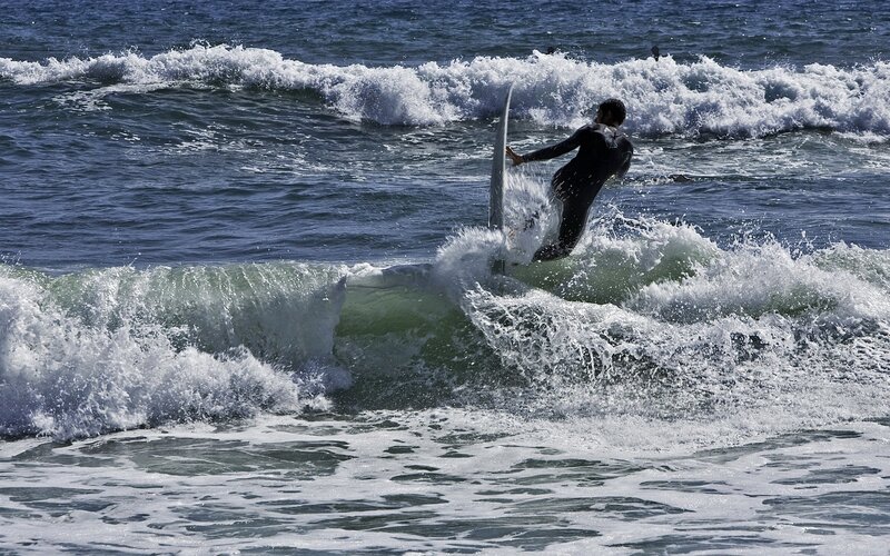 Surfer Riding Wave — Blue, Dynamic, Afternoon, Photograph, Ocean, Surfboard, Wet Suit