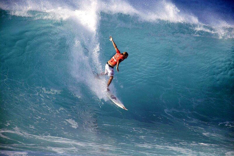 Surfer Riding Wave — Blue, Dynamic, Afternoon, Photograph, Surfboard, Ocean, White, Red