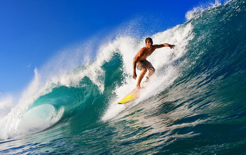 Surfer Riding Wave — Blue, Dynamic, Afternoon