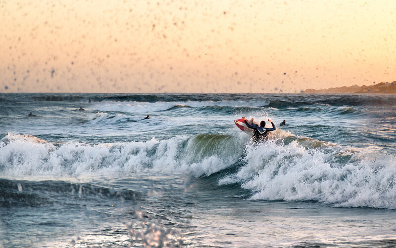 Surfer Riding Wave — Blue, Dynamic, Sunrise