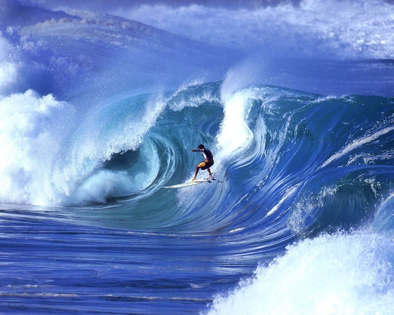 Surfer Riding Wave — Blue, Surfboard