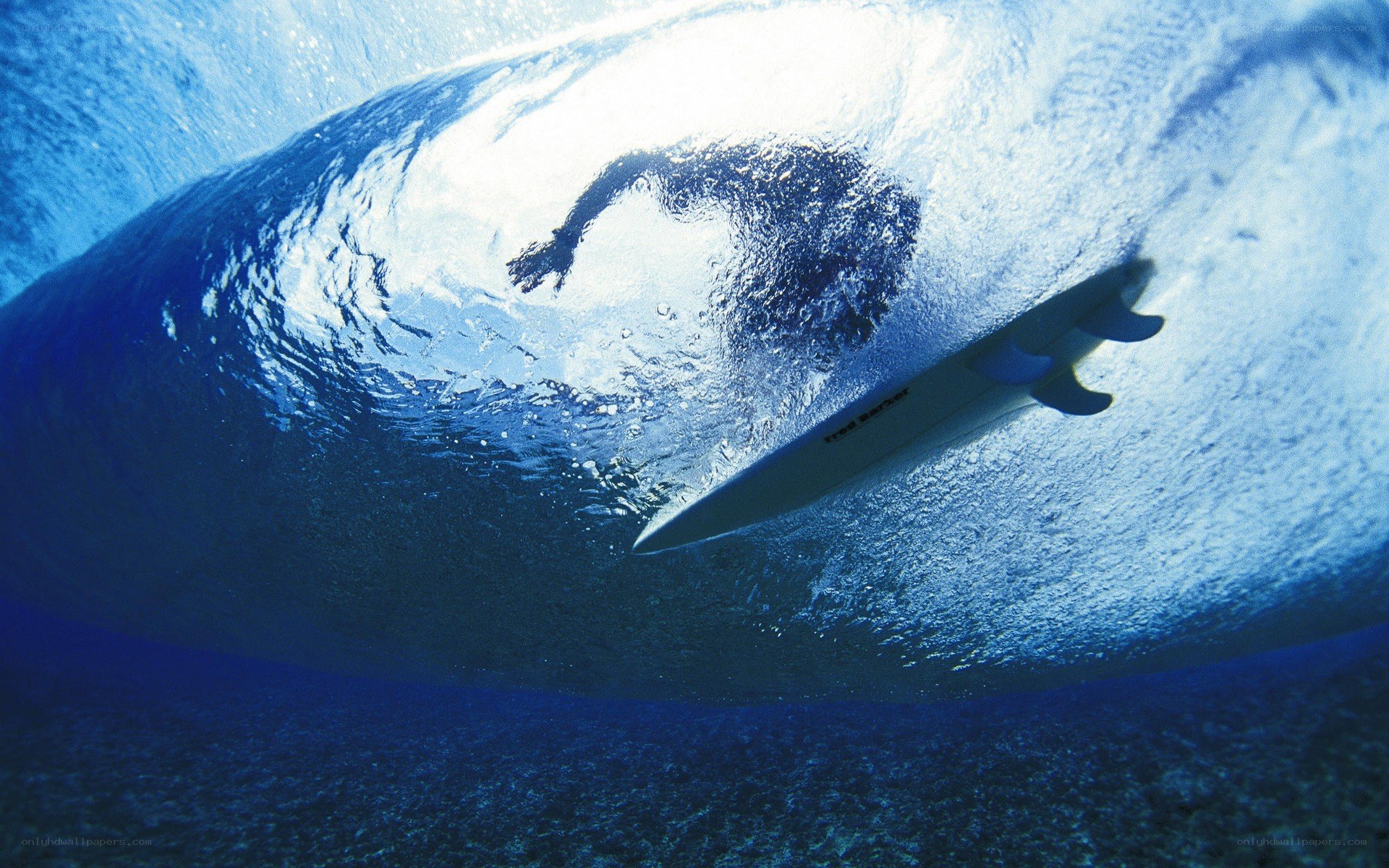Surfer under a wave