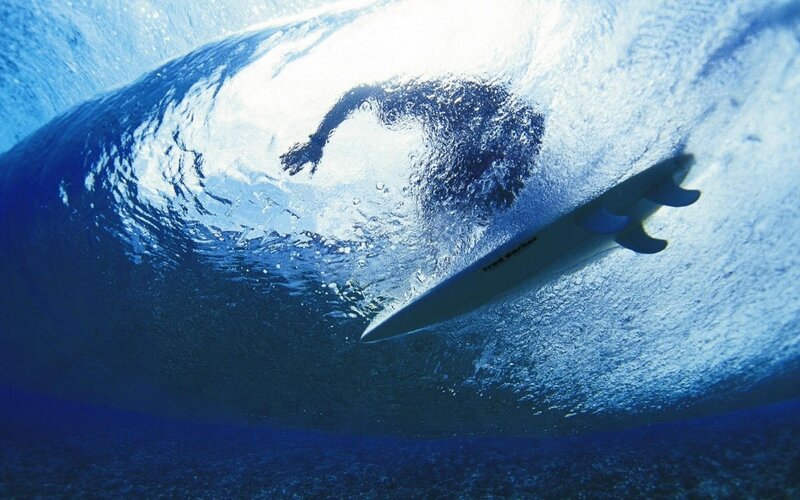 Surfer under Wave — Blue, Dramatic, Photograph, Surfboard, Ocean, White, Tom Sawyer