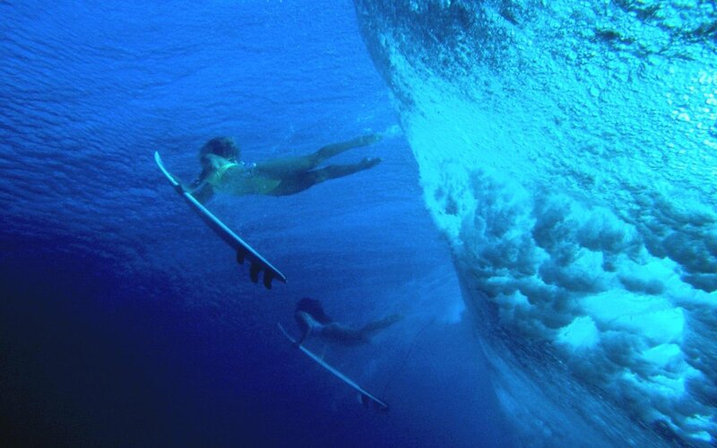Surfer Underwater — Blue, Serene, Photograph, Surfboard