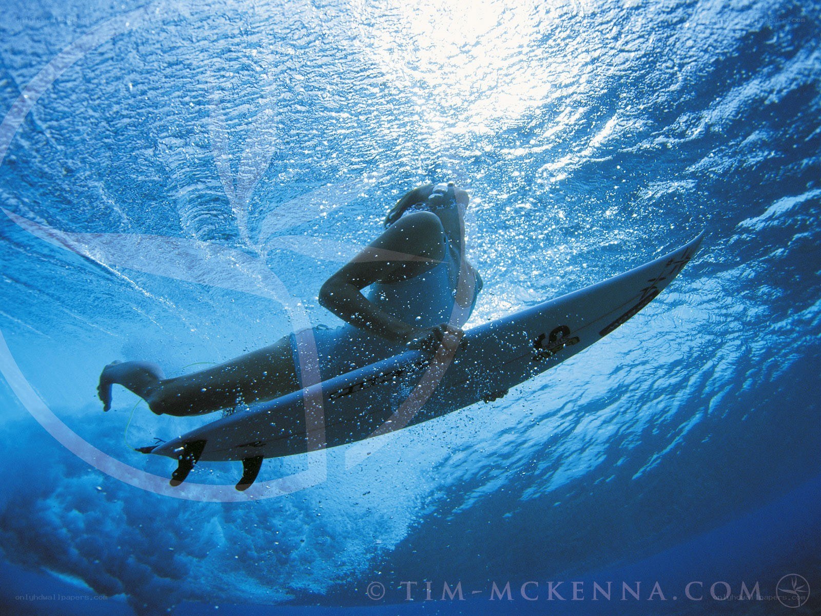 Surfer underwater with board