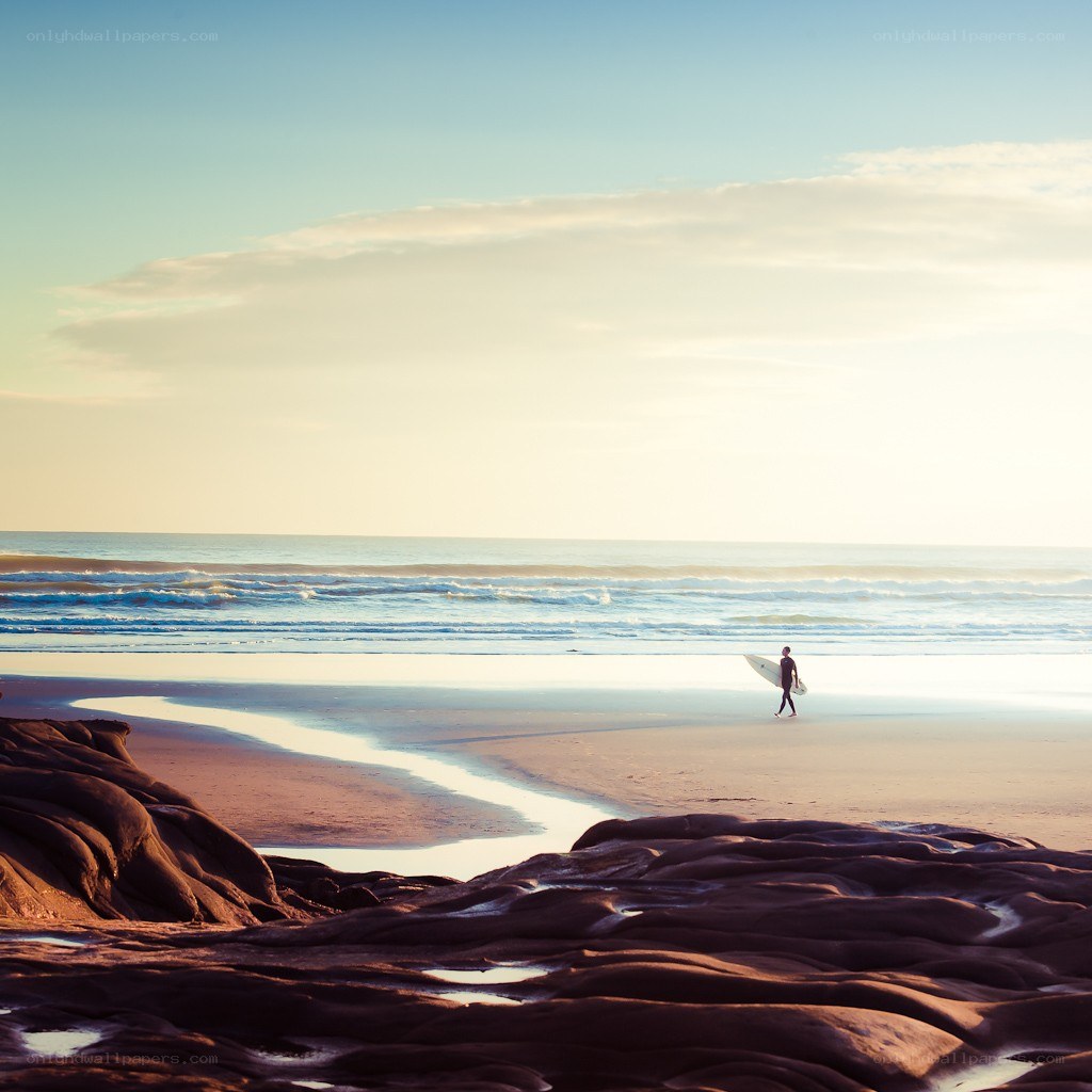 Surfer walking on beach at sunset