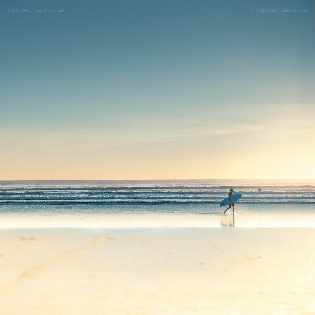 Surfer walking on beach at sunset