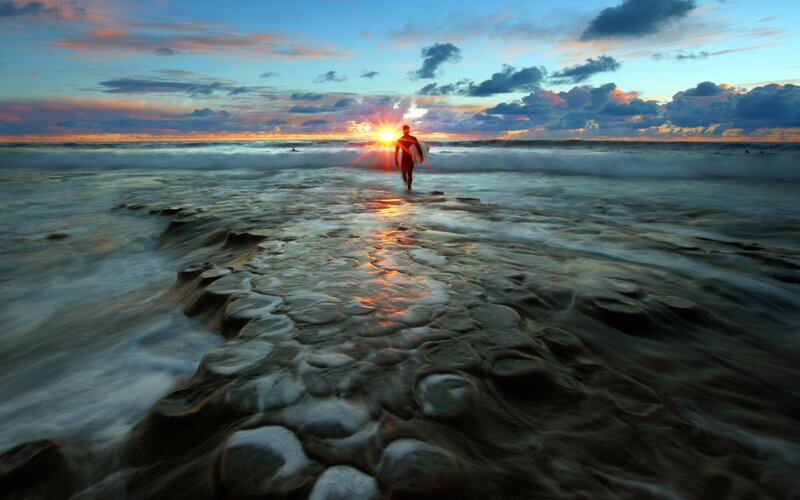 Surfer Walking on Beach — Blue, Dramatic