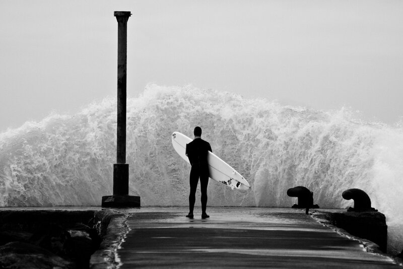 Surfer with Surfboard — Black, Dramatic