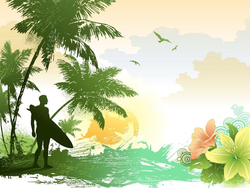 Surfer with Surfboard — Green, Serene, Sunset, Illustration, Palm Trees