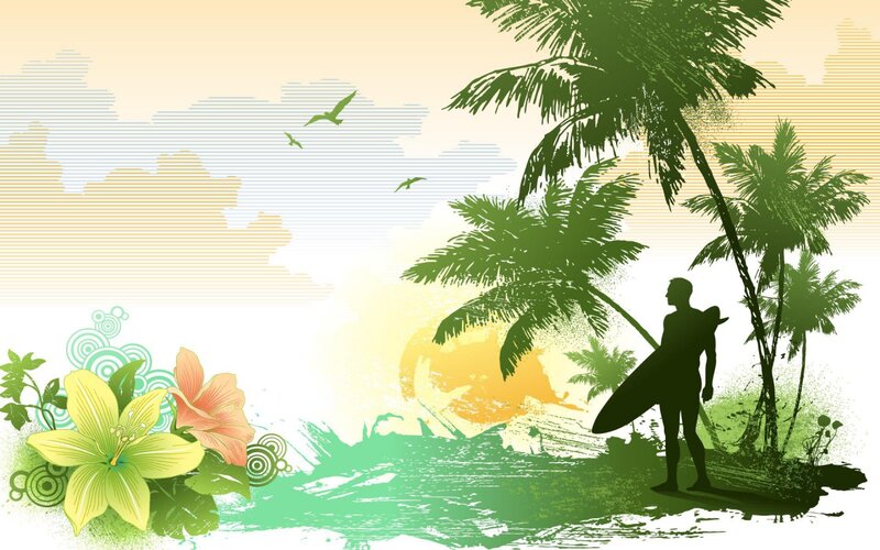 Surfer with Surfboard — Green, Serene, Sunset