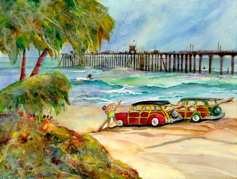Surfer with Woodie Cars