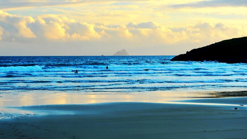 Surfers at Beach — Blue, Serene, Sunset