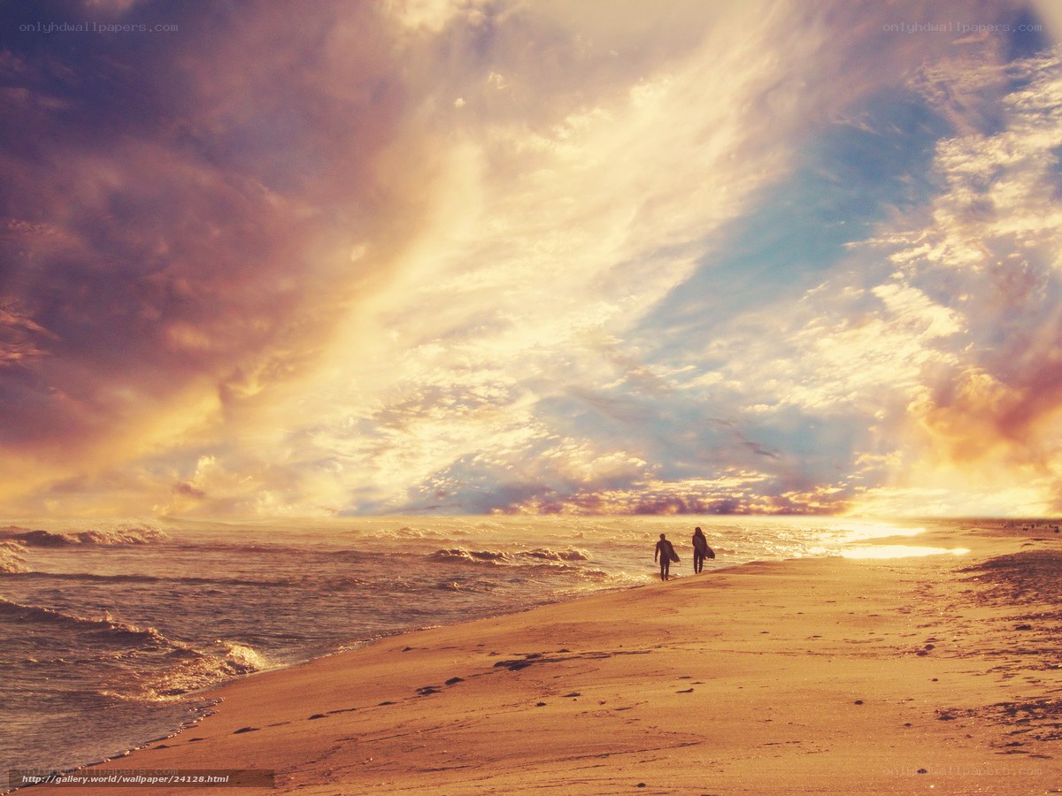 Surfers at sunset on the beach